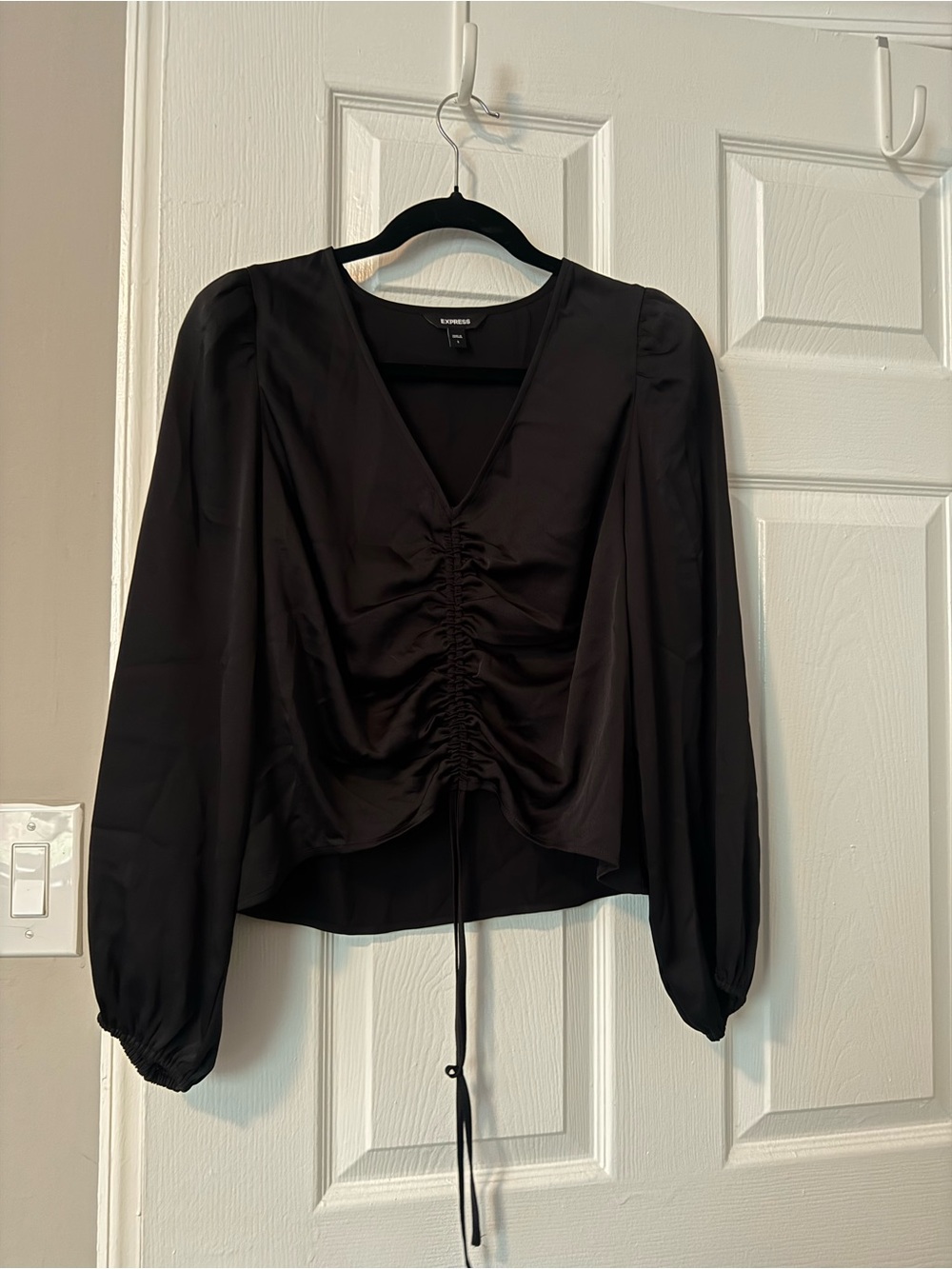 Express Black Ruched V-Neck Drawstring Long Sleeve Blouse